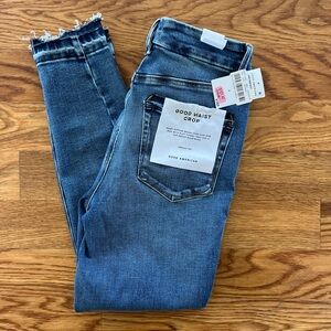 Good American Midwashed Blue Good Waist Crop Raw Hem Jeans